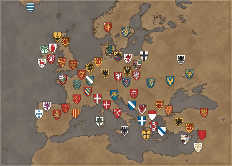 Map of Europe showing the coat of arms of some medieval countries and provinces